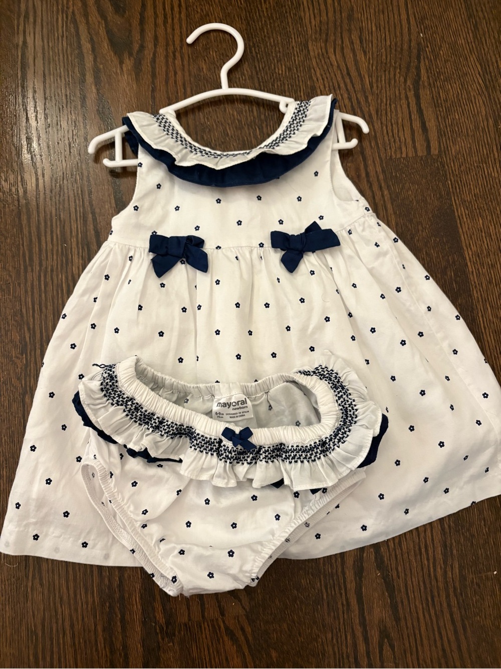 Mayoral White & Navy Embroidered Dress with Matching Diaper Cover